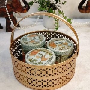 premium golden metal basket with 3 decorative jars – perfect for festive gifting