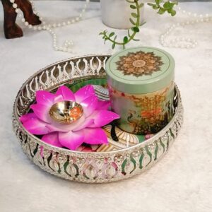 premium silver pichwai tray with lotus diya & decorative jar – elegant festive gift set